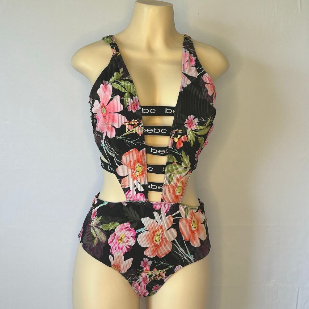 Bebe Floral Cutout One-Piece Swimsuit Logo Strap Back Size XL